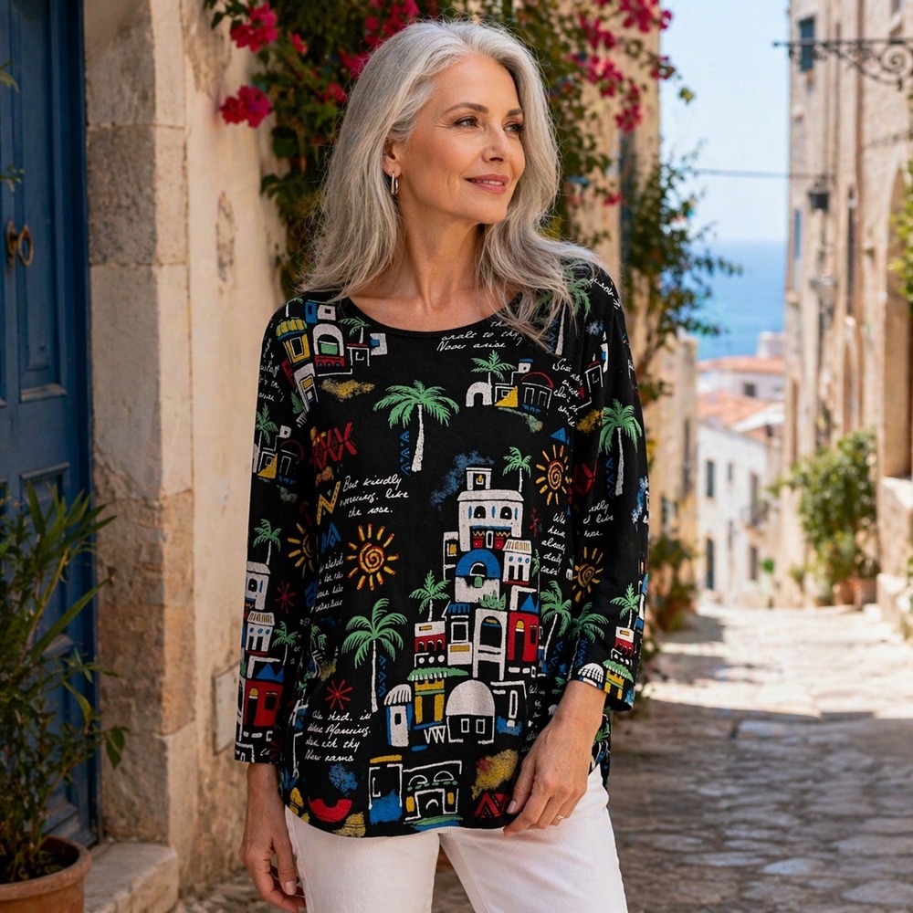 Jess‎ and Jane Colorful Village Print Top Sz M Black Artsy Quirky Euro Summer
